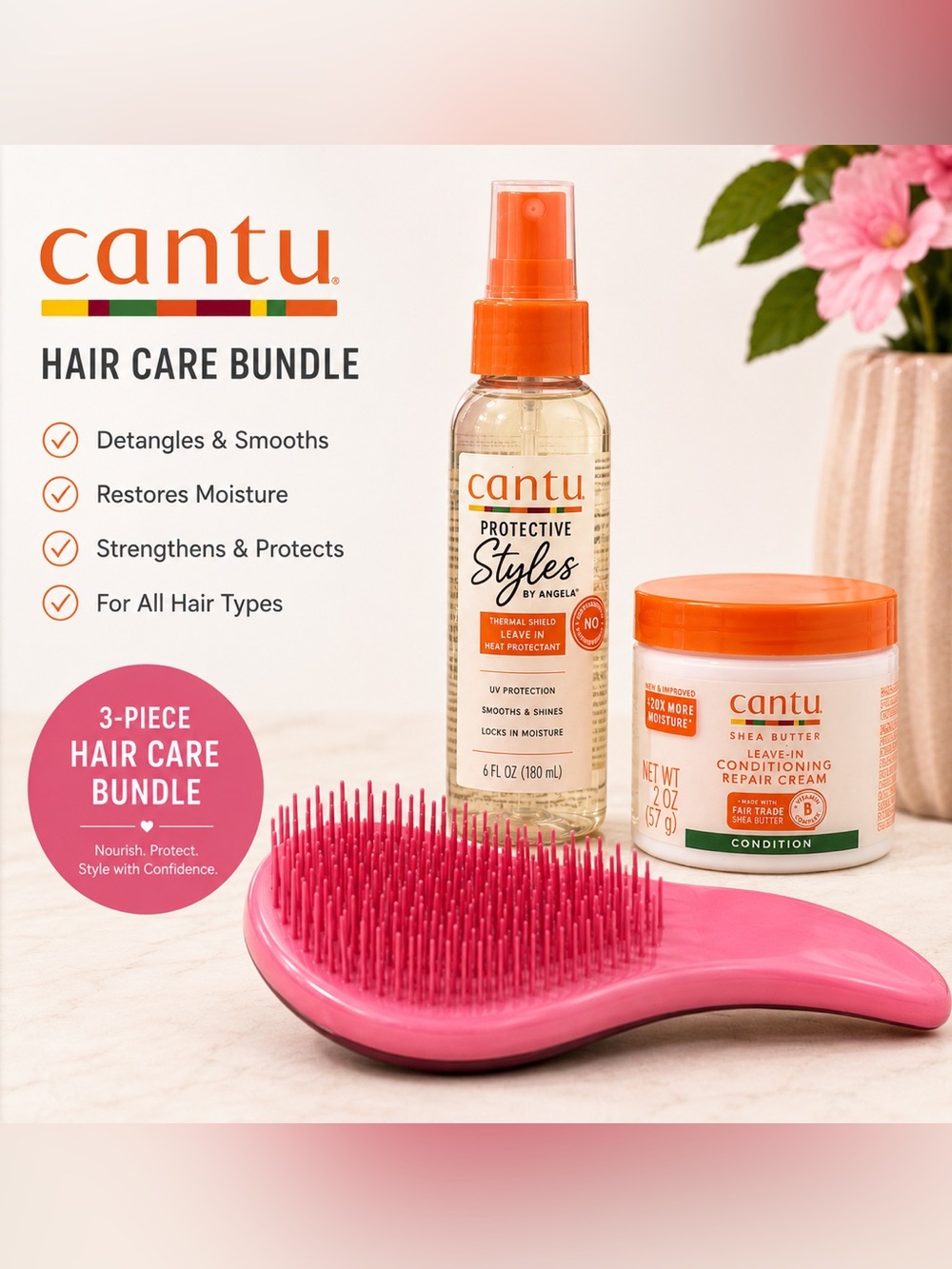 Cantu Hair Conditioner, Hair Perfume + Detangler brush